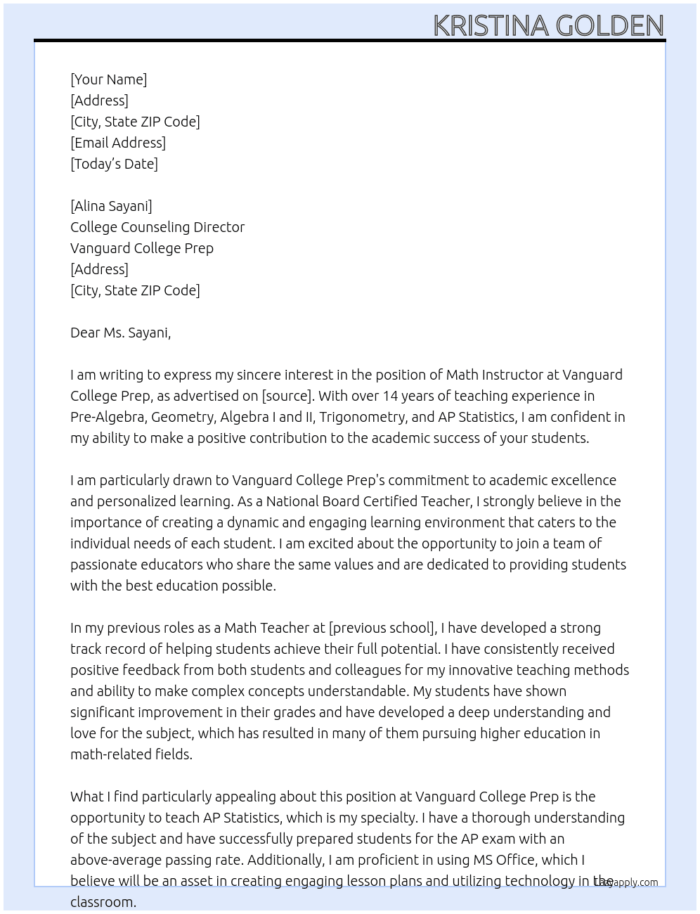Math Instructor At Vanguard College Prep Cover Letter