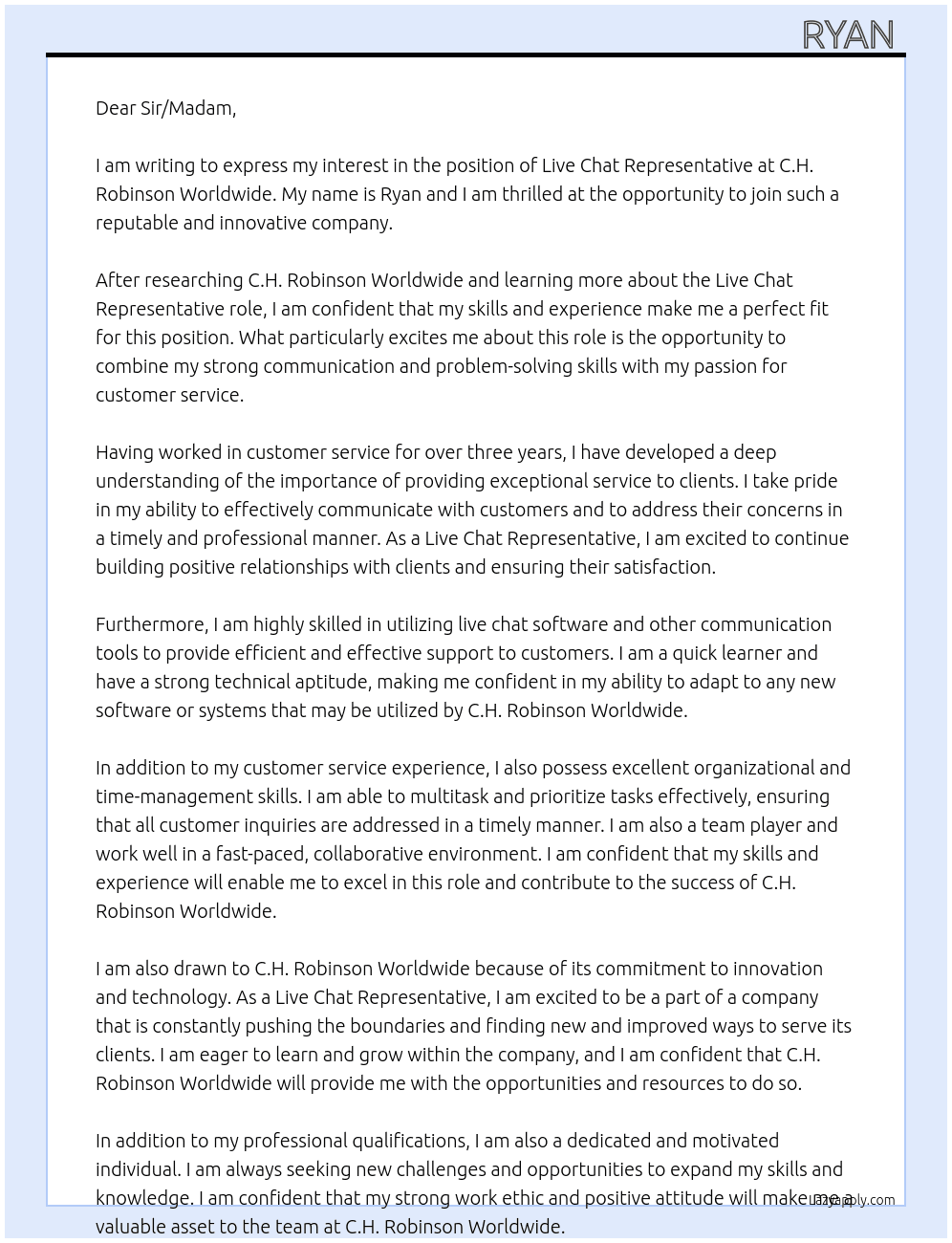 Live Chat Representative At C.H. Robinson Worldwide Cover Letter