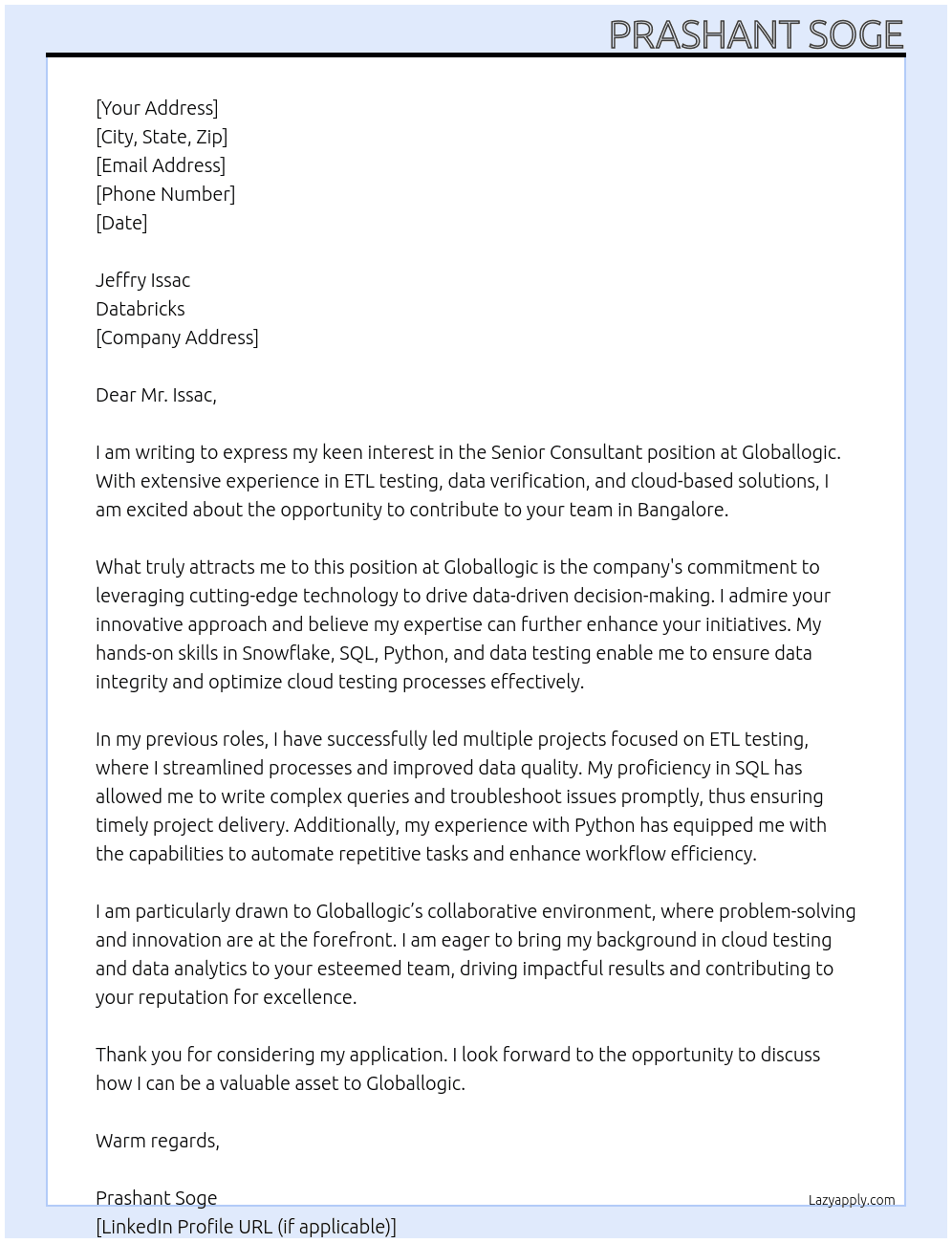 Serior Consultant At Globallogic Cover Letter
