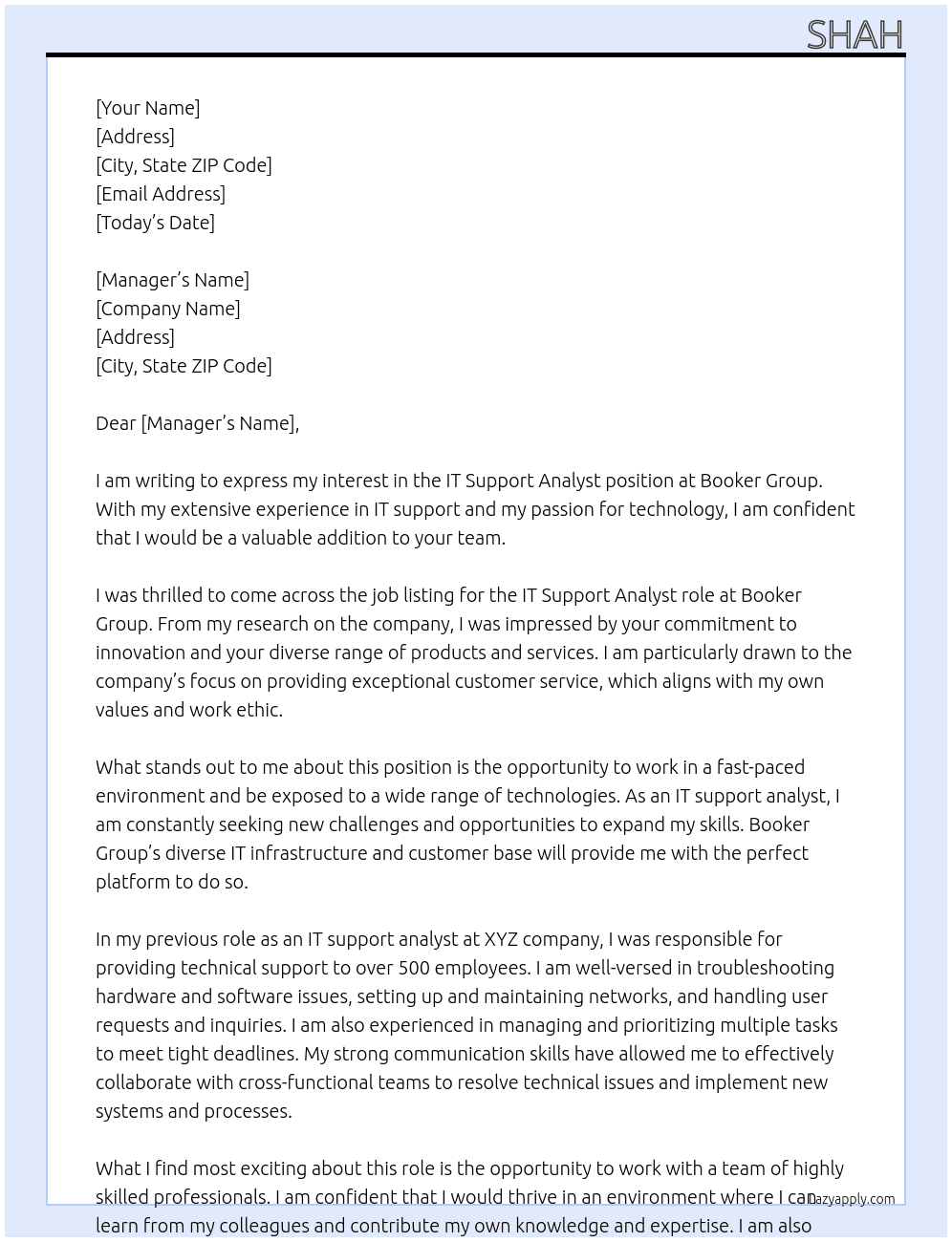 IT support analyst  At Booker Group Cover Letter