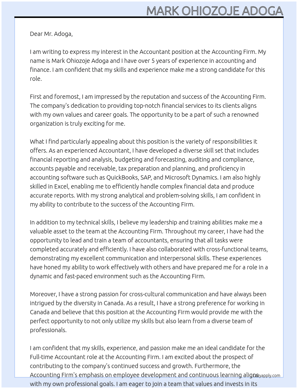 Accountant At Accounting Firm Cover Letter