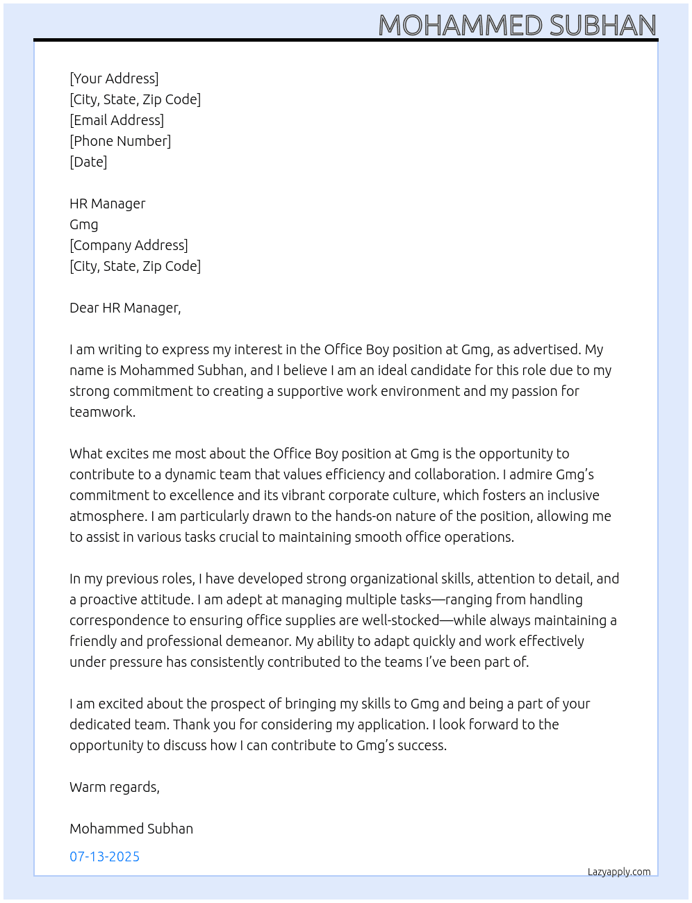 Office boy At Gmg Cover Letter