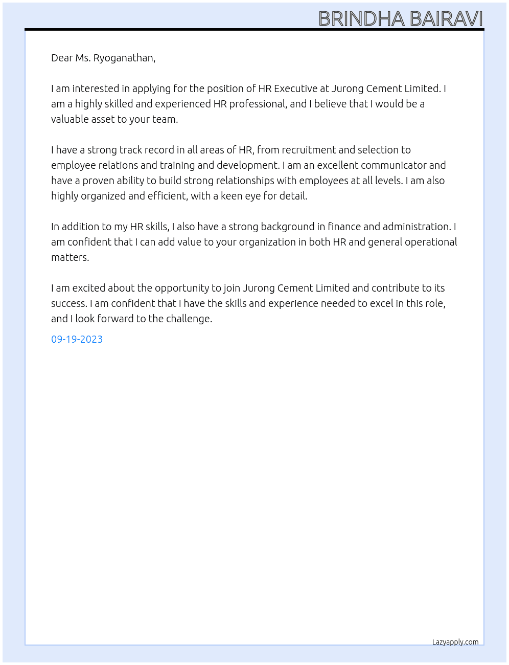 HR EXECUTIVE At Jurong Cement Limited Cover Letter