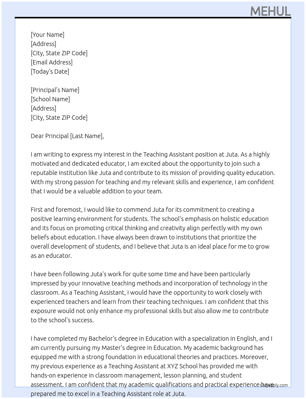Teaching Assistant At Juta Cover Letter