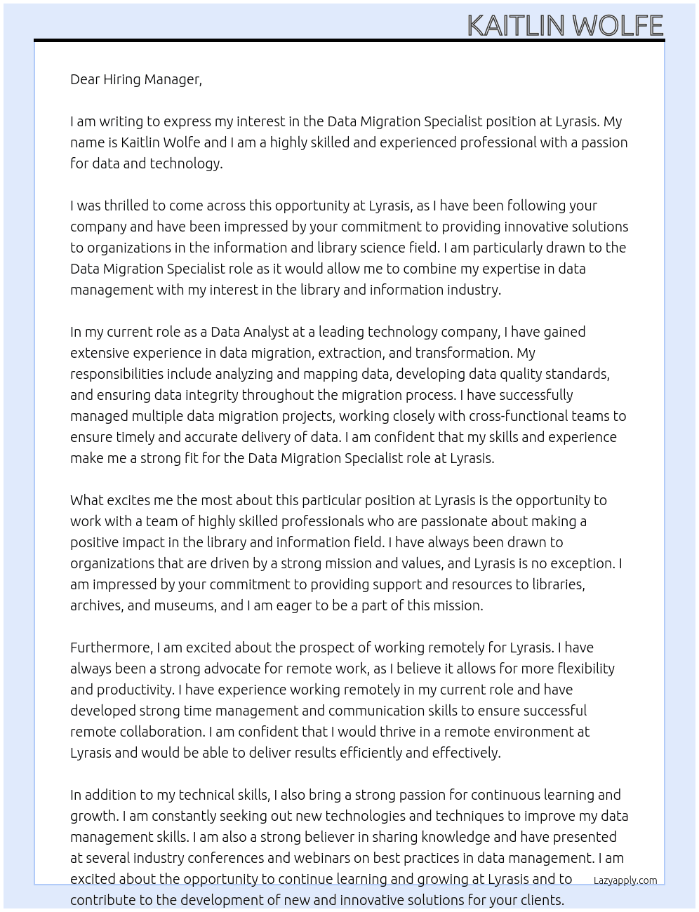 Data Migration Specialist At Lyrasis Cover Letter