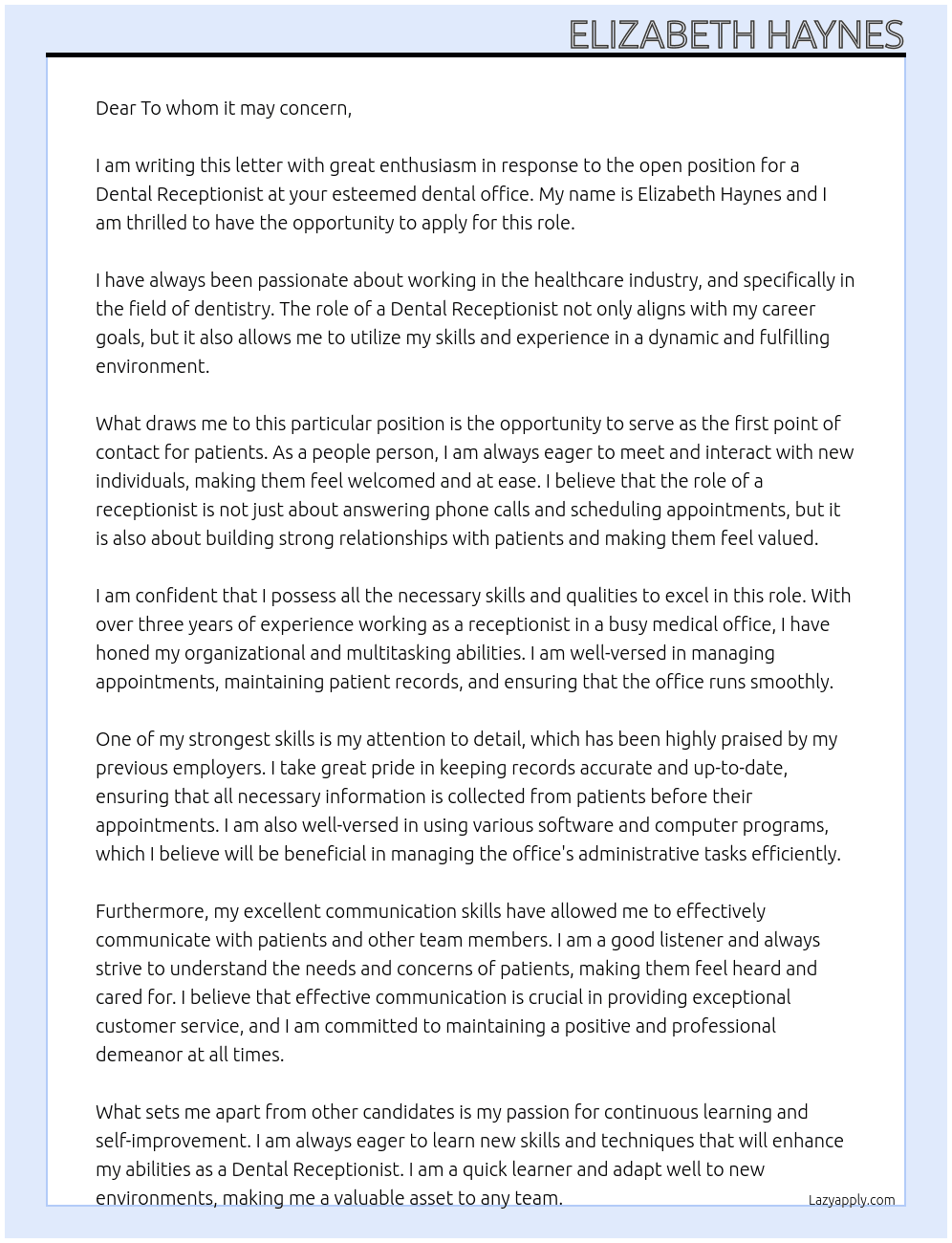 Dental Receptionist  At Dental office Cover Letter