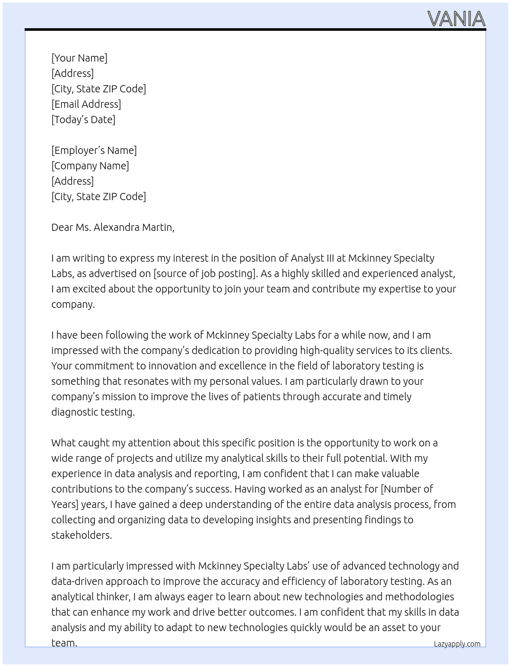 Analyst III At Mckinney Specialty Labs Cover Letter