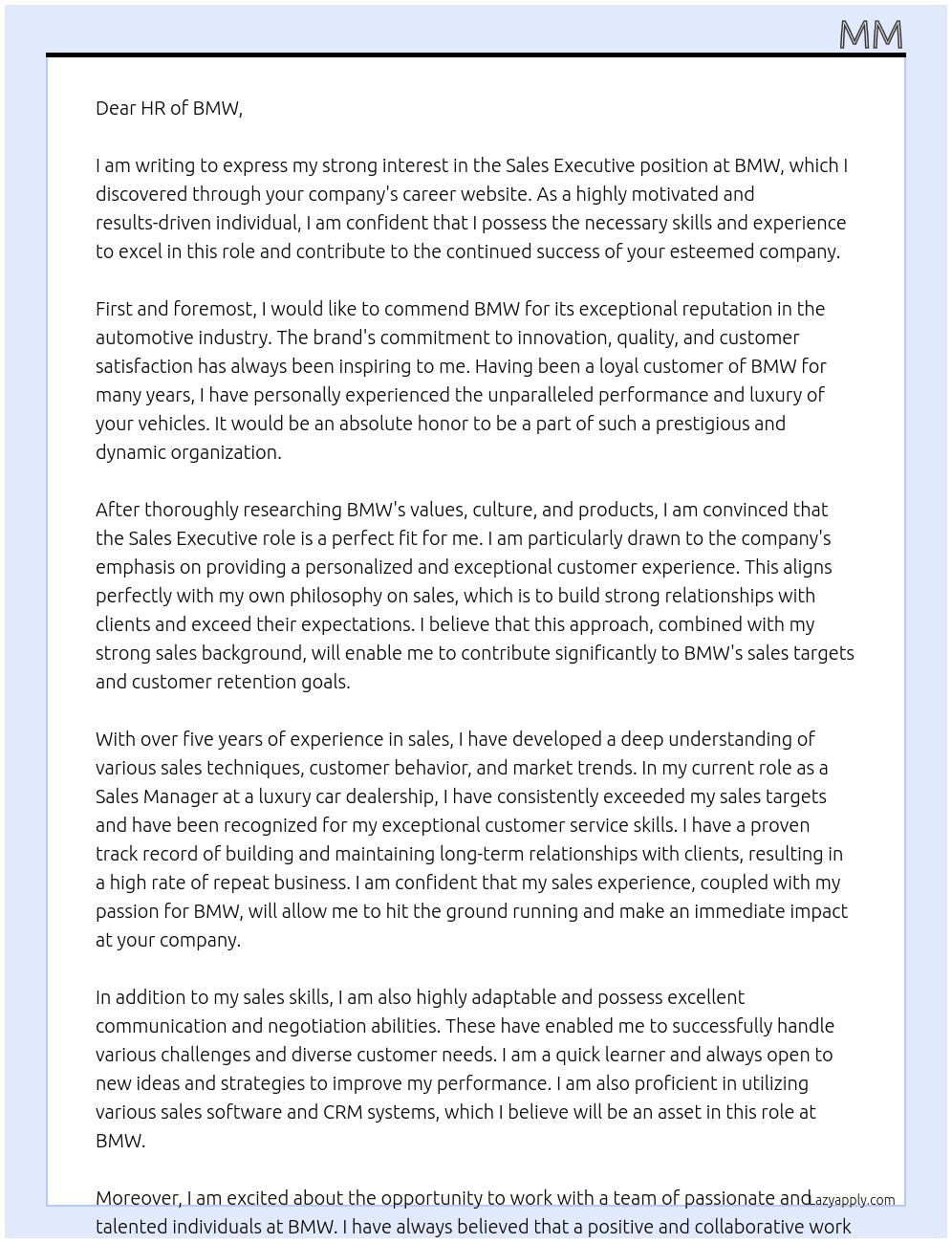 Sale executive  At Bmw Cover Letter