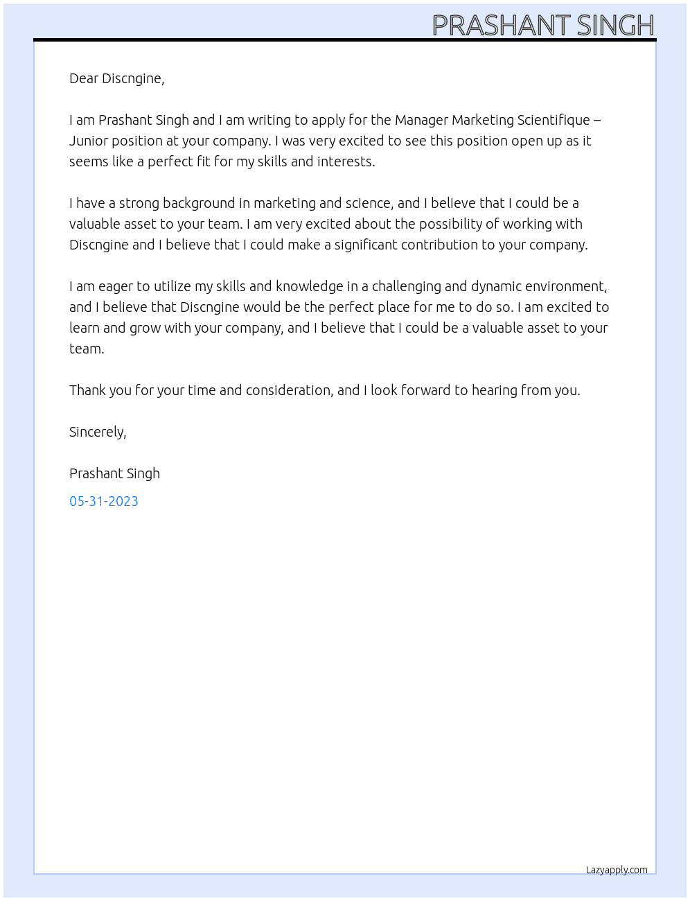Manager Marketing Scientifique – Junior At Discngine Cover Letter