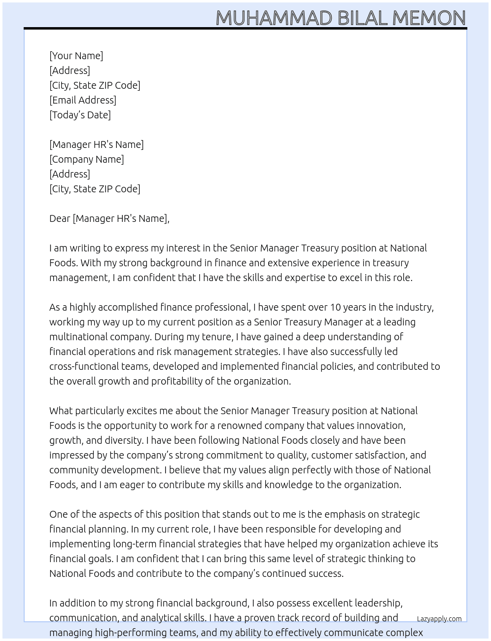 Senior Manager Treasury At National Foods Cover Letter