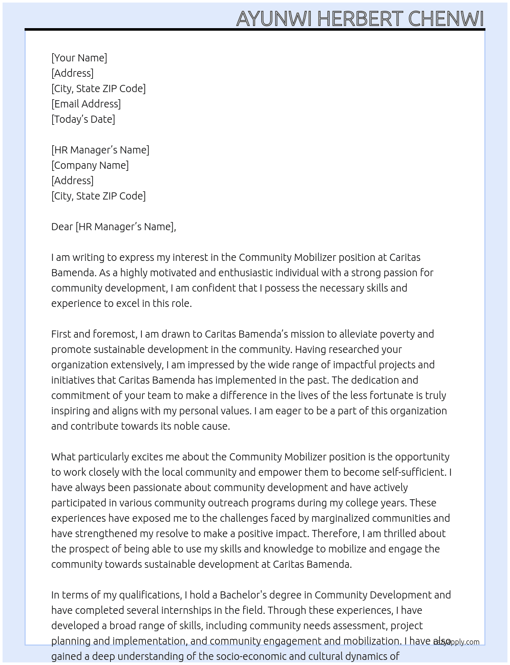 Community mobilizer  At Caritas Bamenda Cover Letter