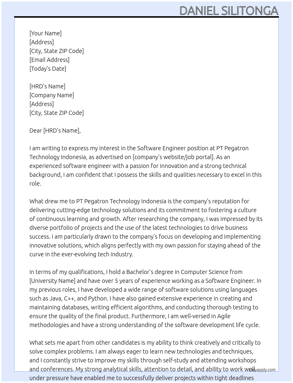 Software Engineer At PT Pegatron Technology Indonesia Cover Letter