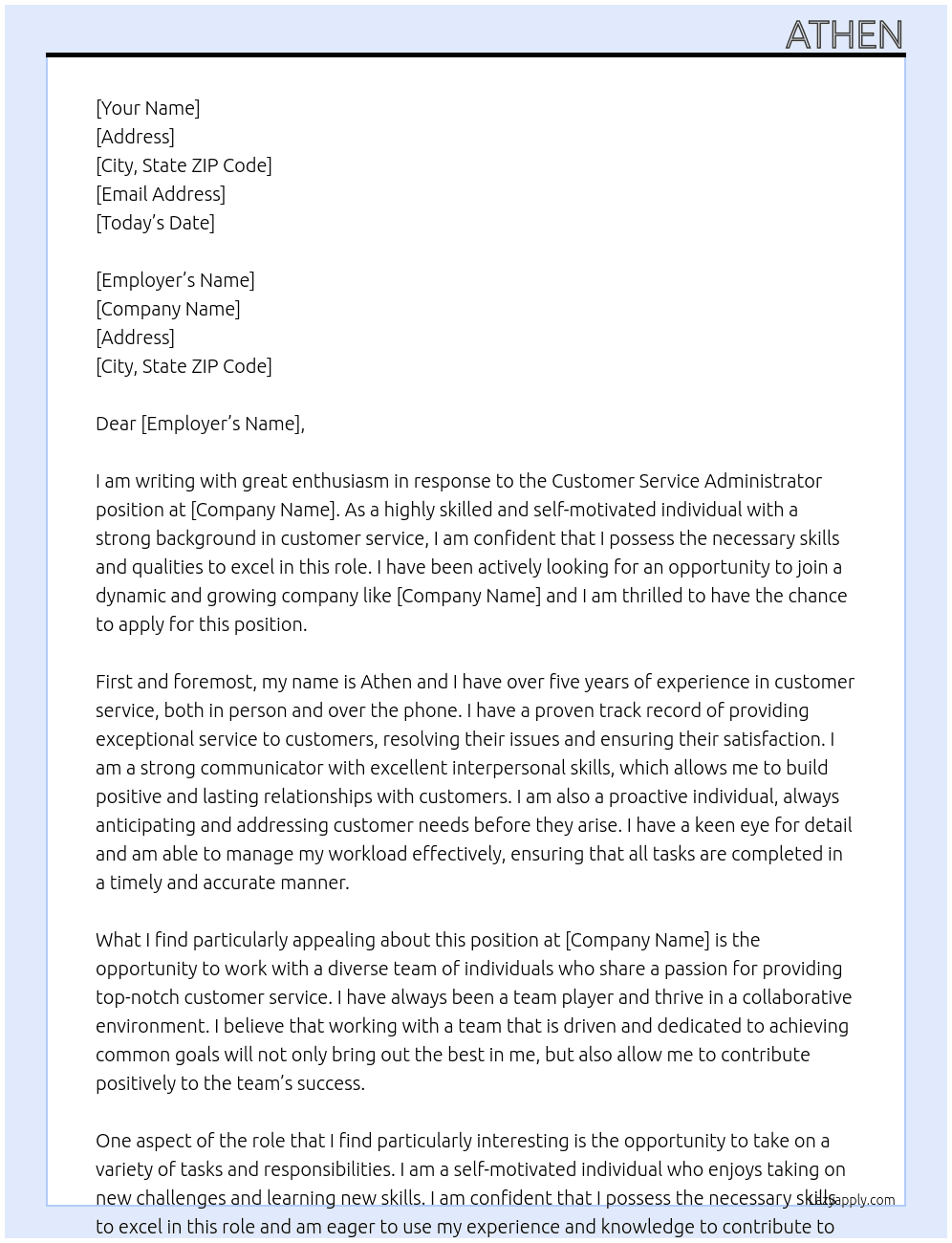 Customer Service Administrator At . Cover Letter