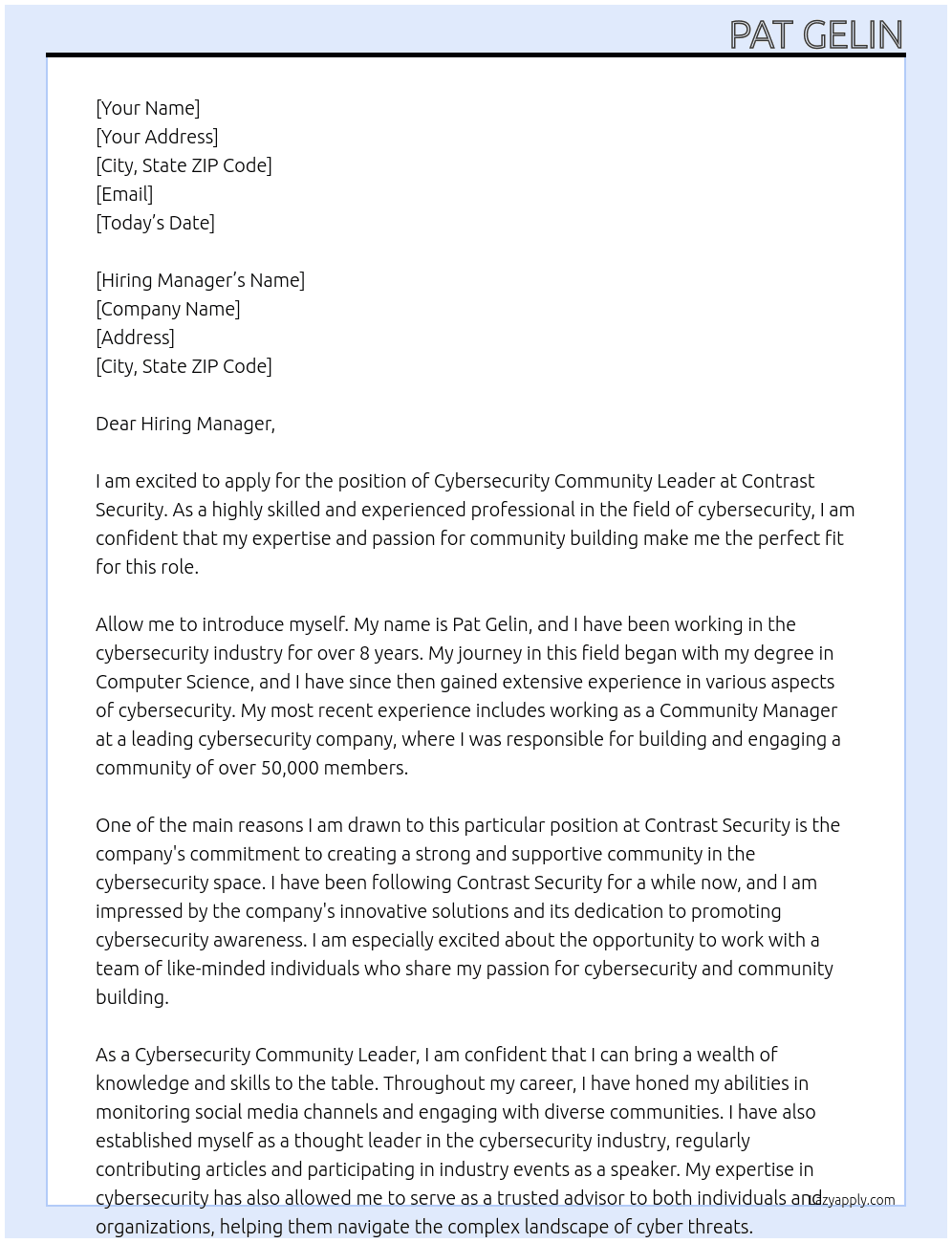 Cybersecurity Community Leader At Contrast Security Cover Letter
