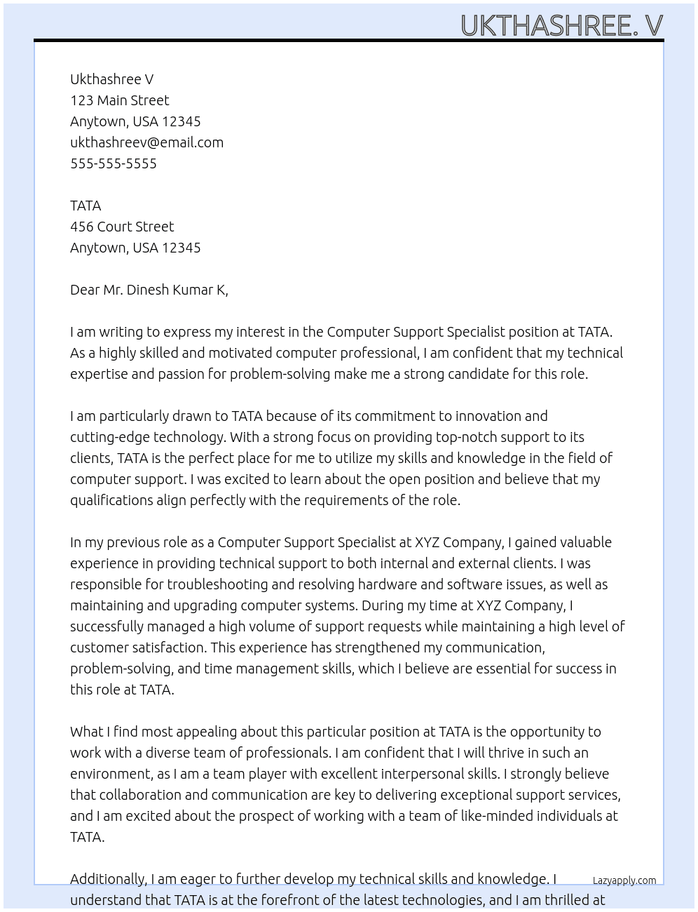 Cover letter for computer support specialist - LazyApply