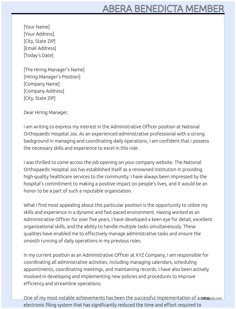 Administrative officer  At National Orthopaedic Hospital Jos  Cover Letter