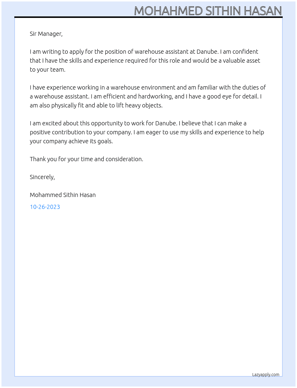 Warehouse assistant  At Danbue Cover Letter