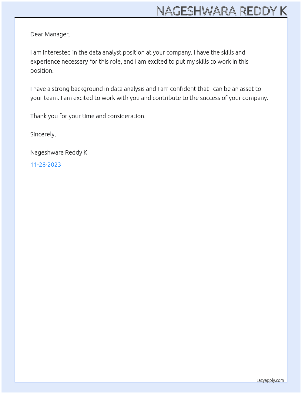 Data analyst At Independent Cover Letter