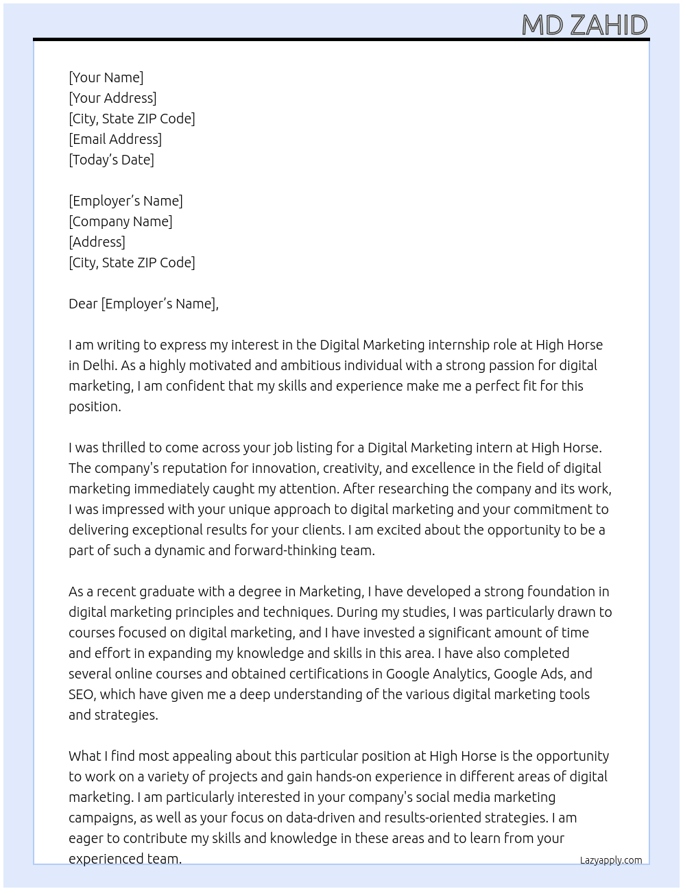 Digital marketing  At High Horse Cover Letter