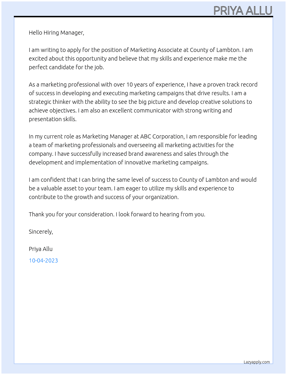 Marketing associate  At County of Lambton  Cover Letter