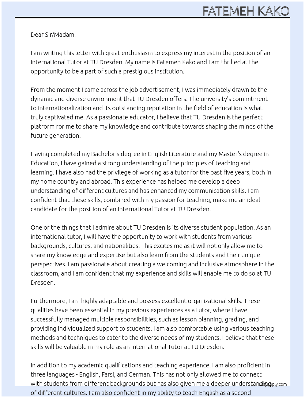 international tutor At tu dresden Cover Letter