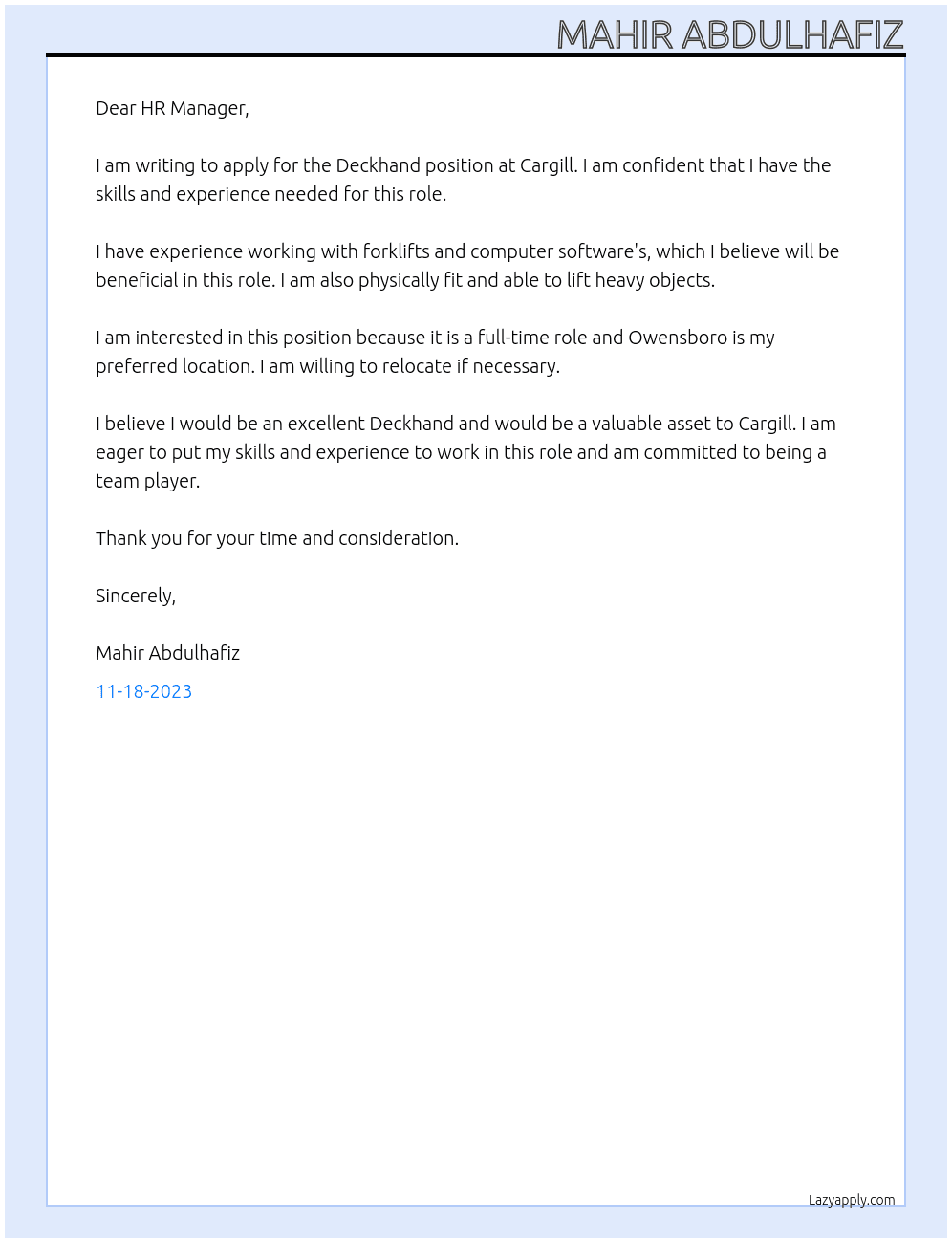 Deckhand At Cargill Cover Letter