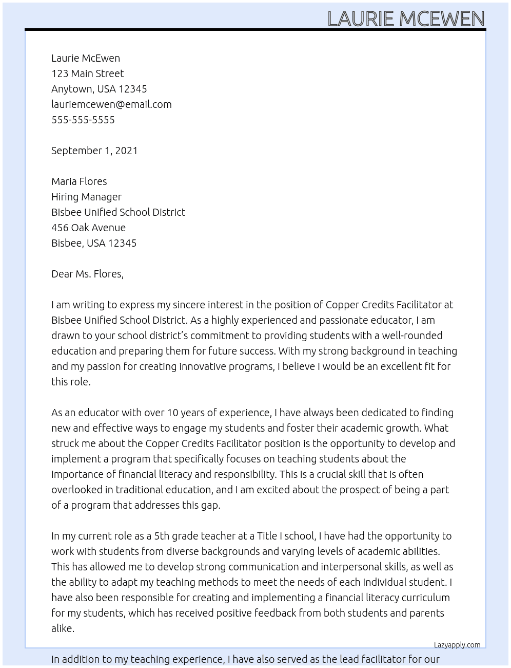 Copper Credits Facilitator  At Bisbee Unified School District Cover Letter