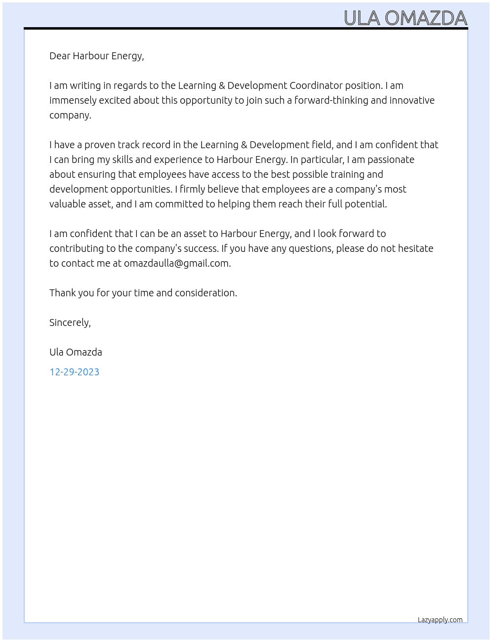 learning &development coordinator At Harbour Energy  Cover Letter