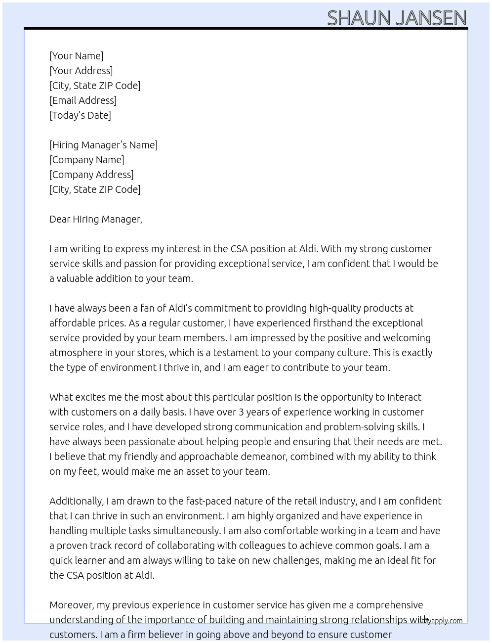 CSA At Aldi Cover Letter