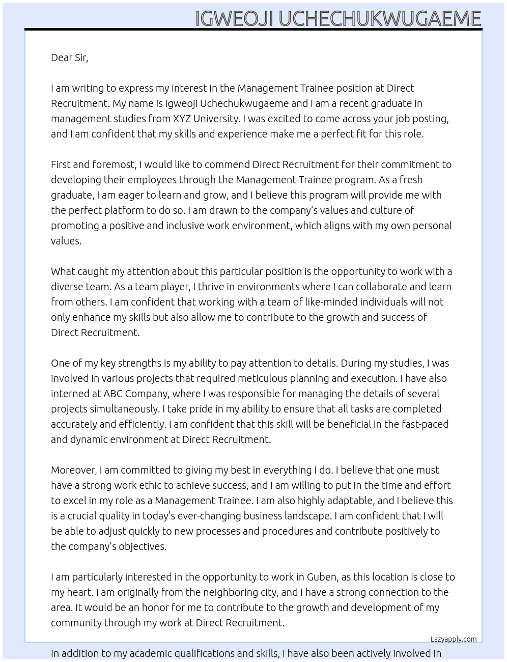 Management Trainee At Direct recruitment  Cover Letter
