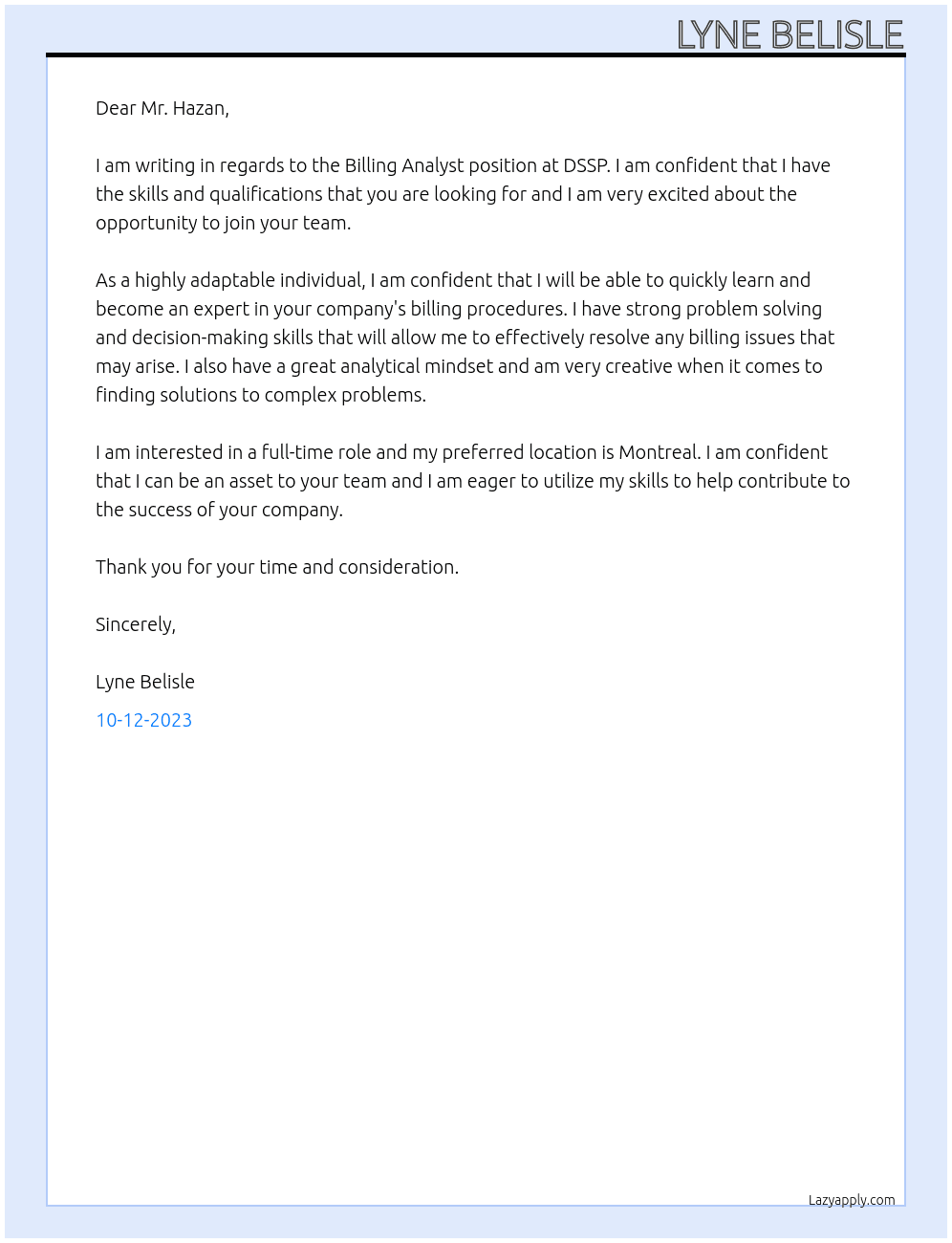 Billing Analyst At DSSP Cover Letter