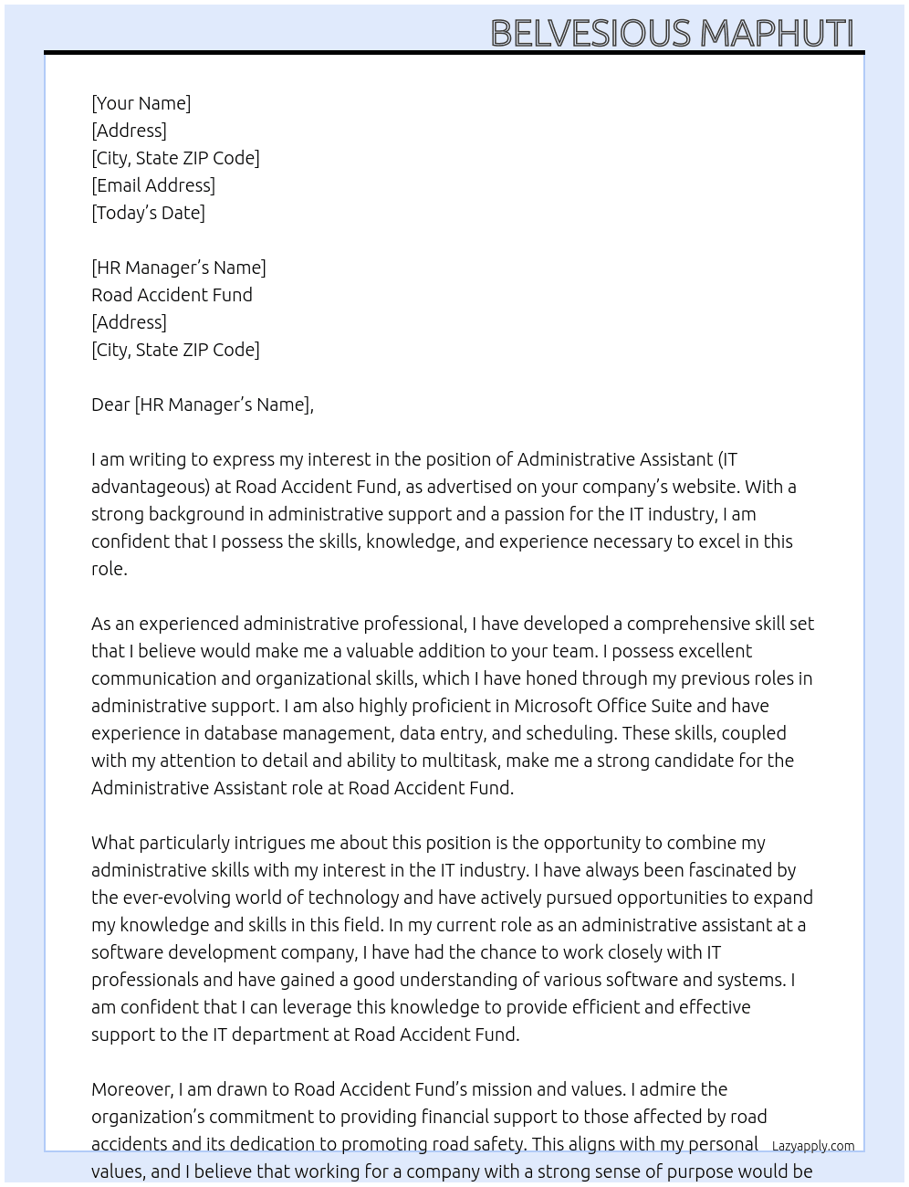 Administrative Assistant (IT advantageous) At Road accident fund Cover Letter