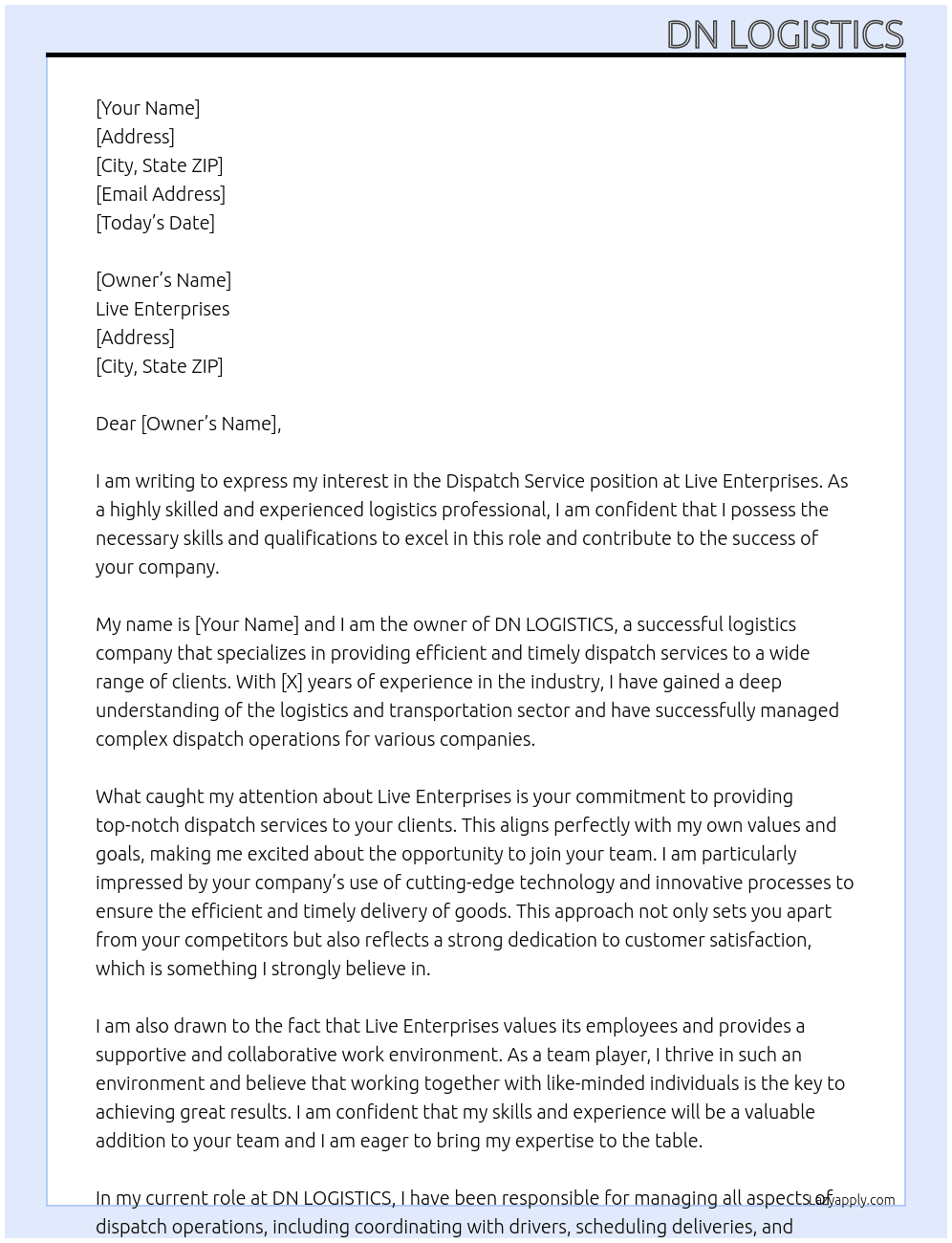 Dispatch Service At Live Enterprises Cover Letter