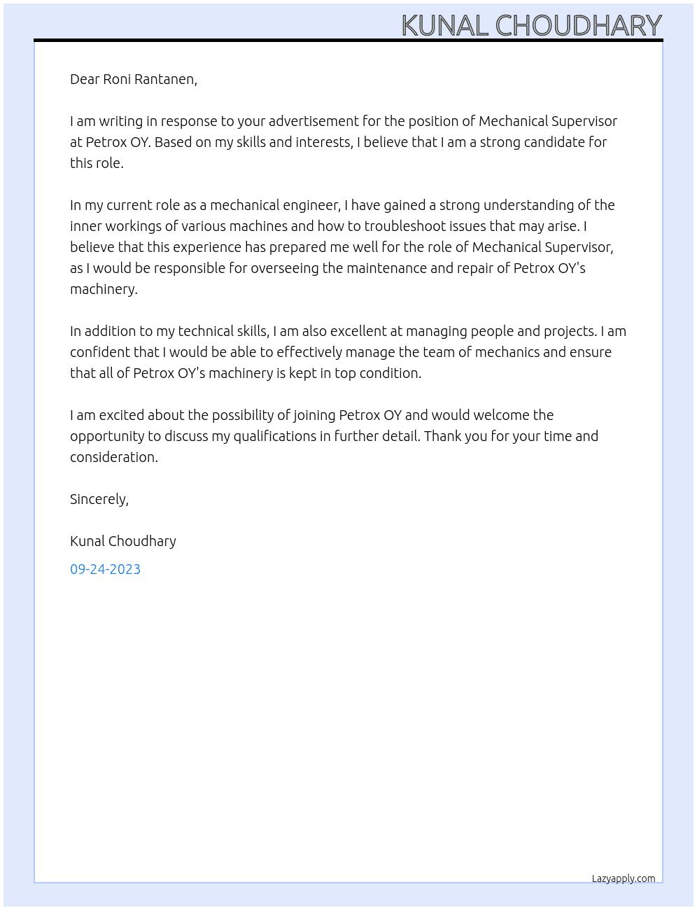 Mechanical Supervisor At Petrox OY Cover Letter