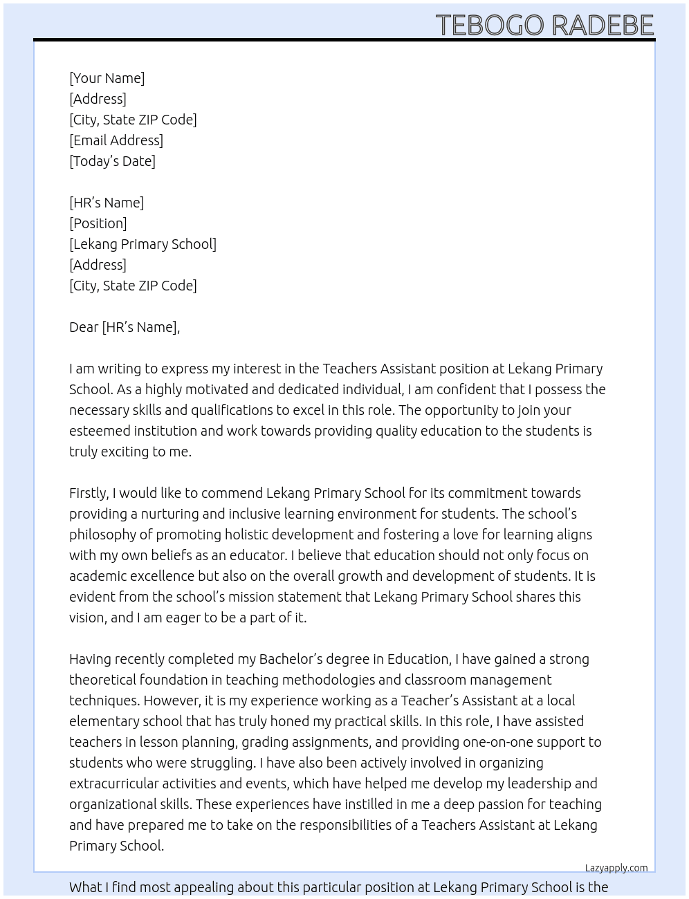 Teachers Assistant  At Lekang Primary School Cover Letter