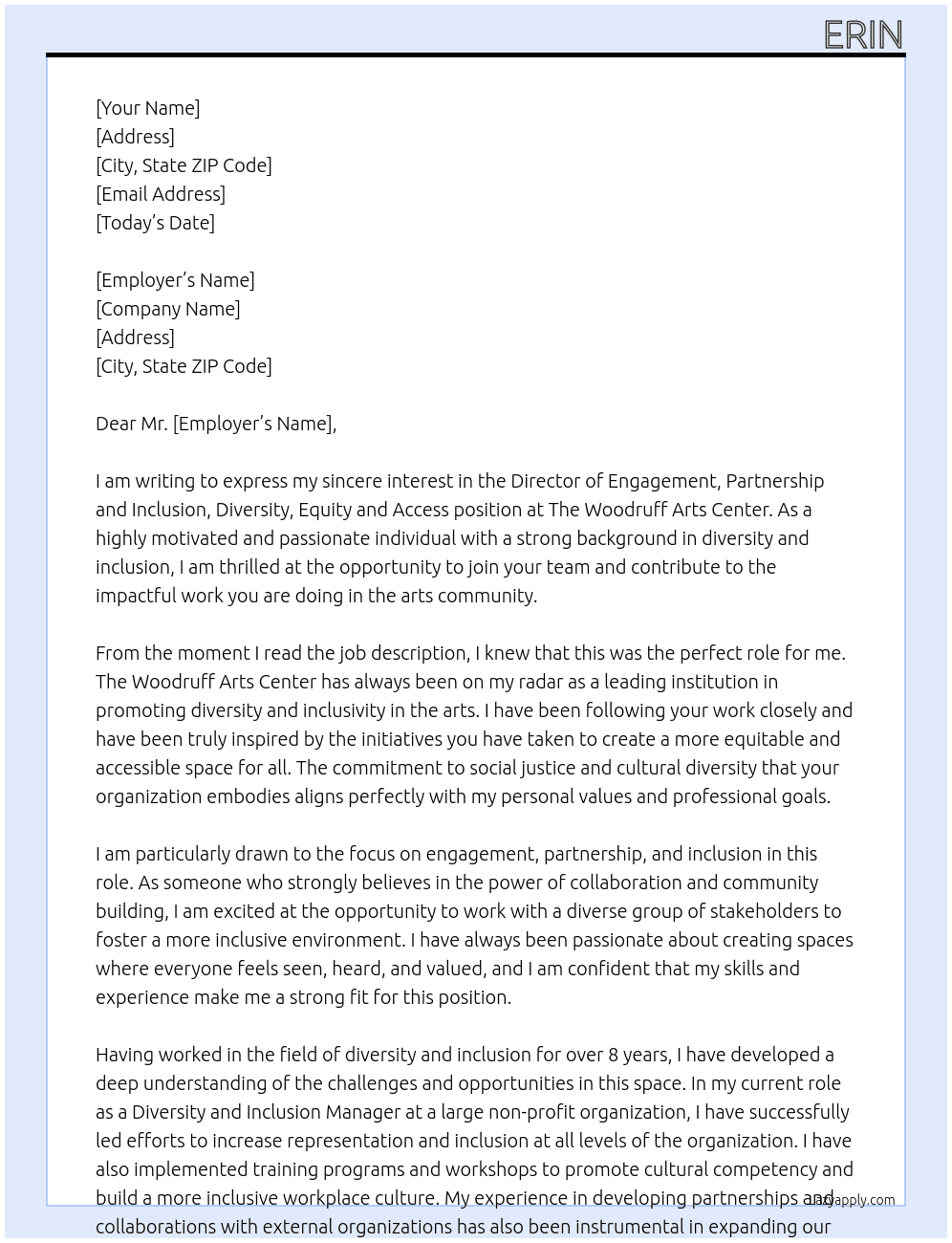 Director of Engagement, Partnership and Inclusion, Diversity, Equity and Access At The Woodruff Arts Center Cover Letter