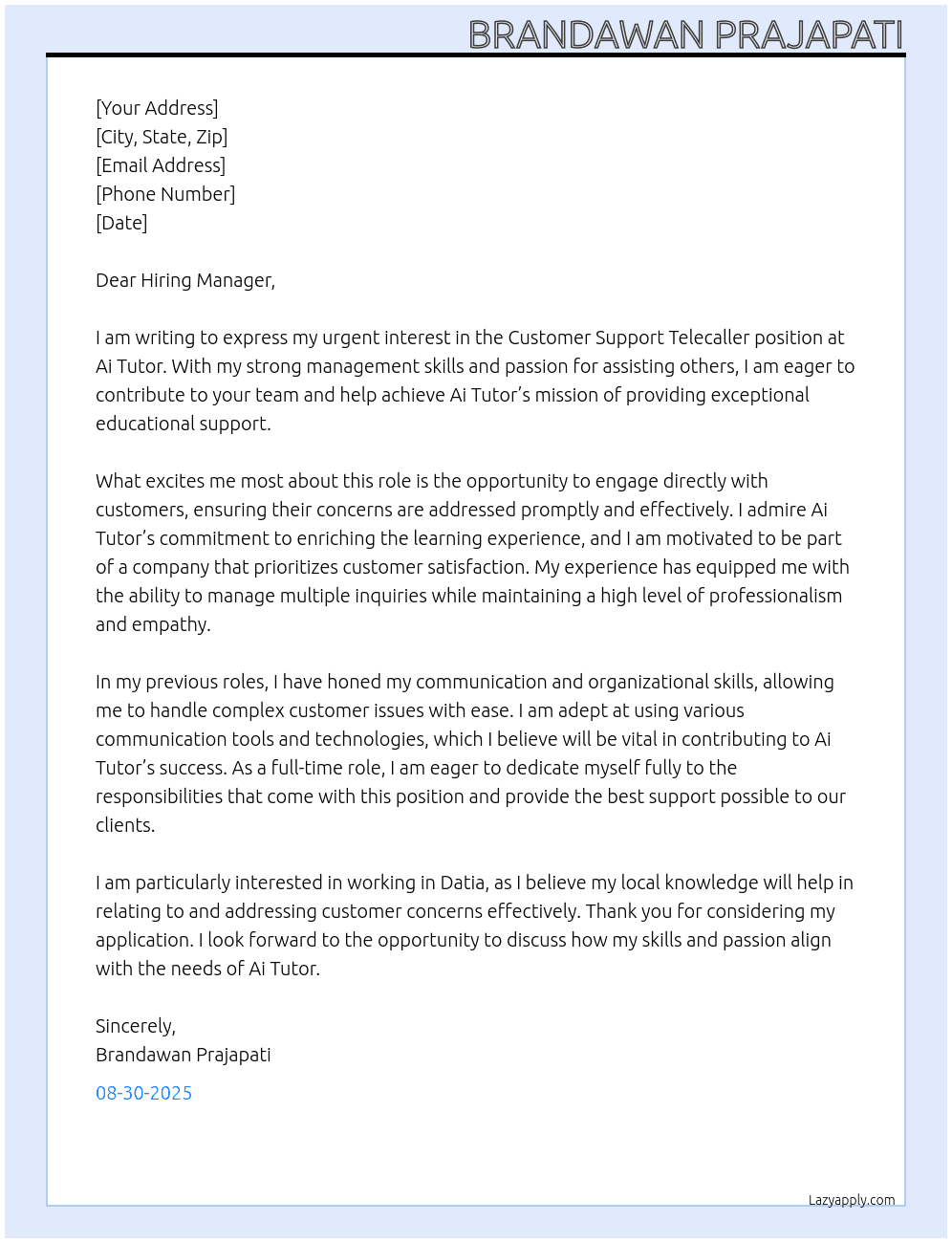 costomer support  telecaller At Ai tutor Cover Letter