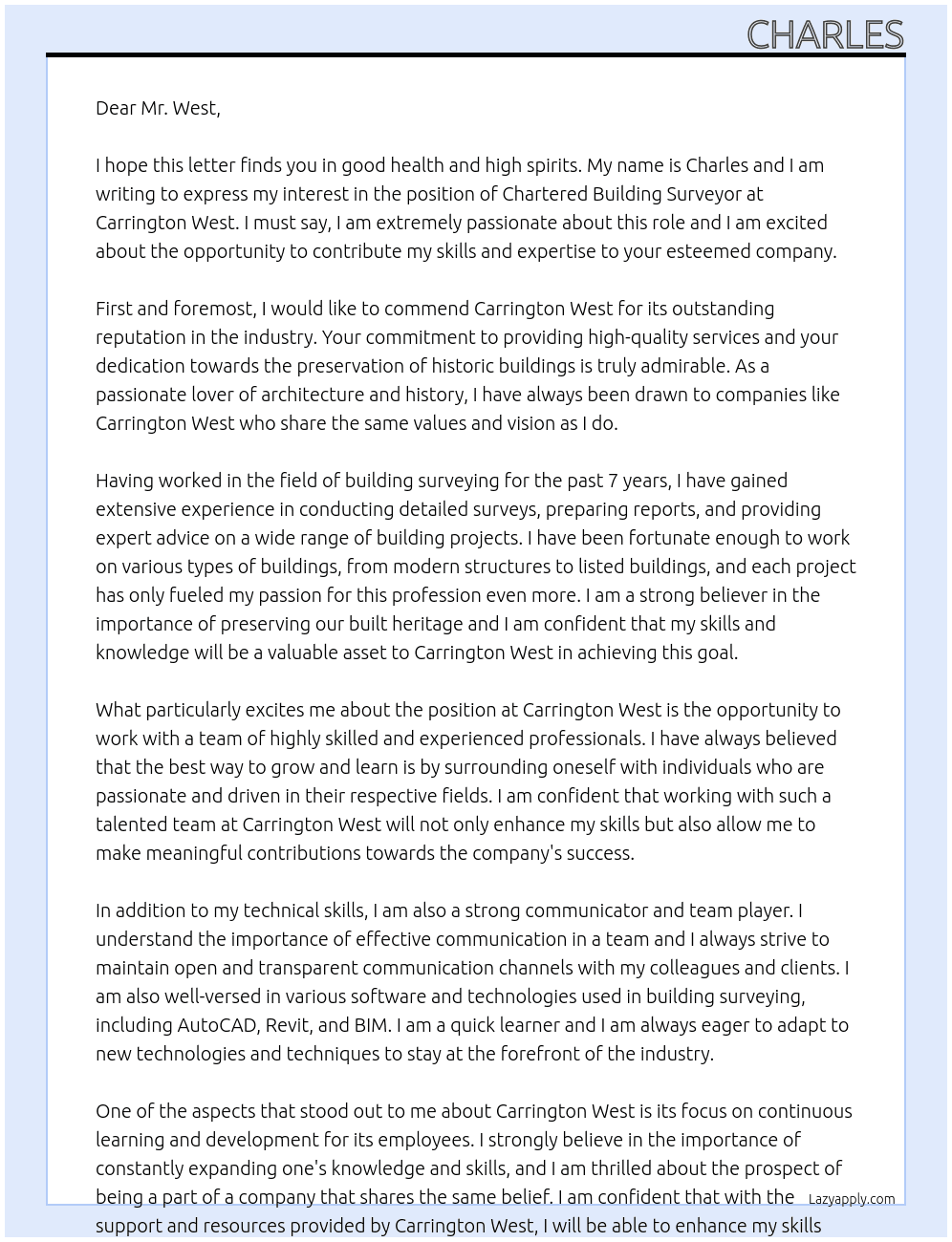 Charted Building Surveyor  At Carrington West Cover Letter