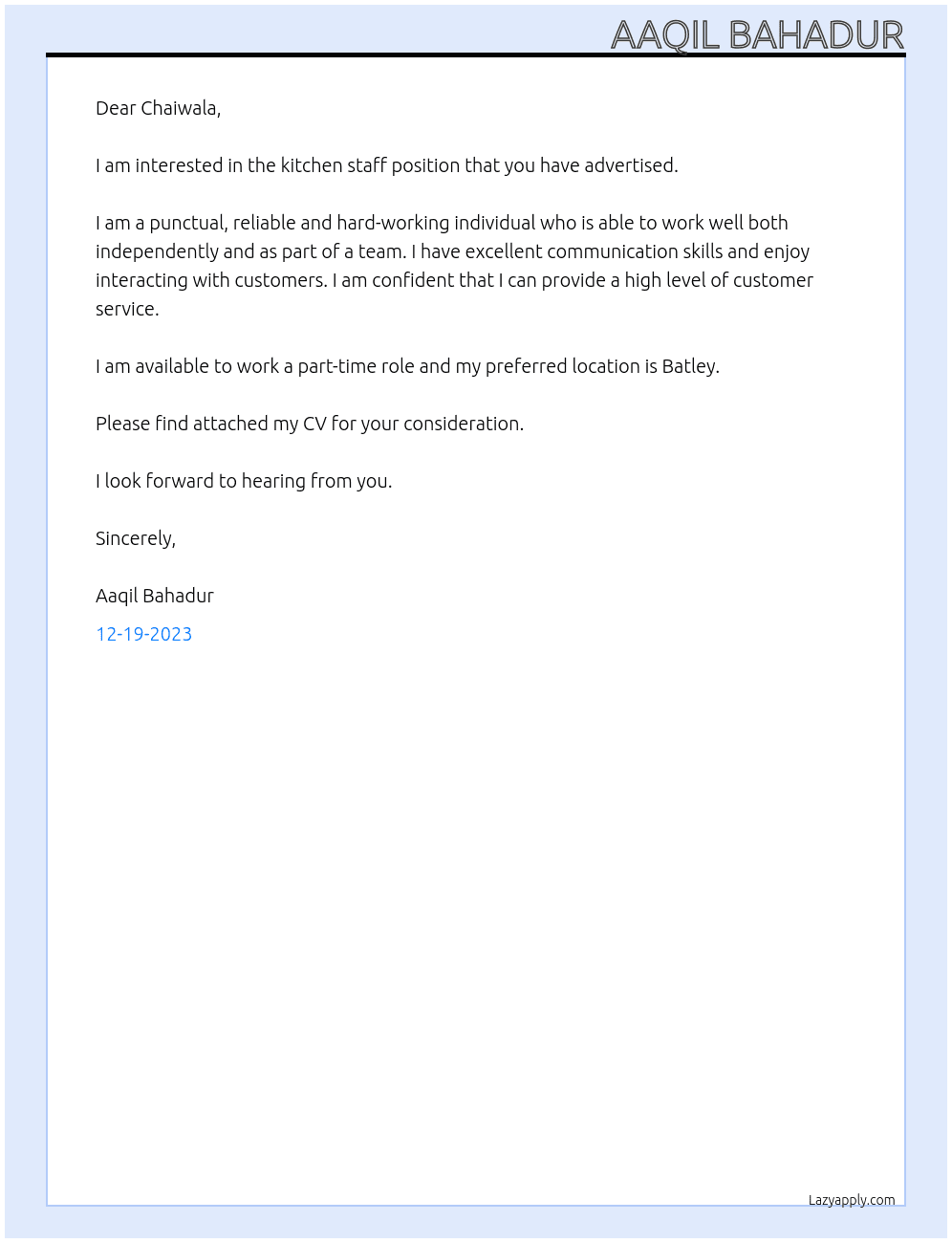 kitchen staff At chaiwala Cover Letter