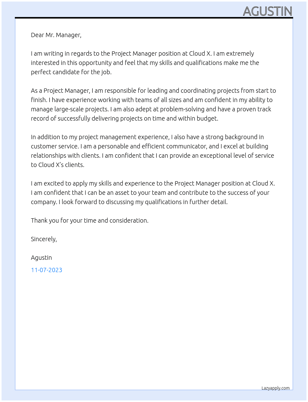 project manager At Cloud X Cover Letter