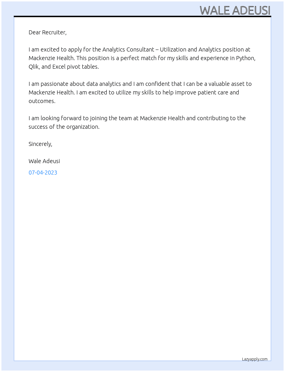 Analytics Consultant – Utilization and Analytics At Mackenzie Health Cover Letter