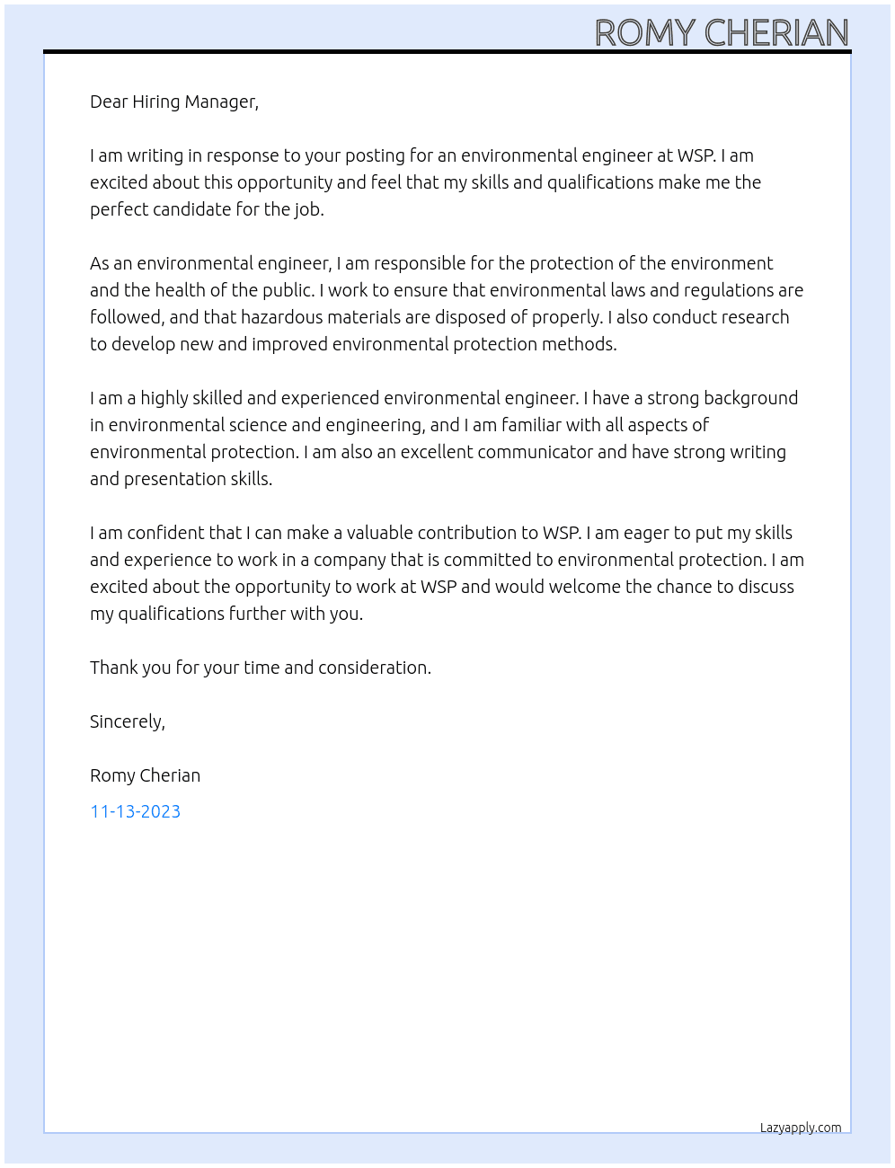 environmental engineer At WSP Cover Letter