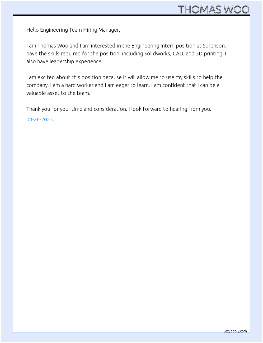 Engineering Intern At Sorenson Cover Letter