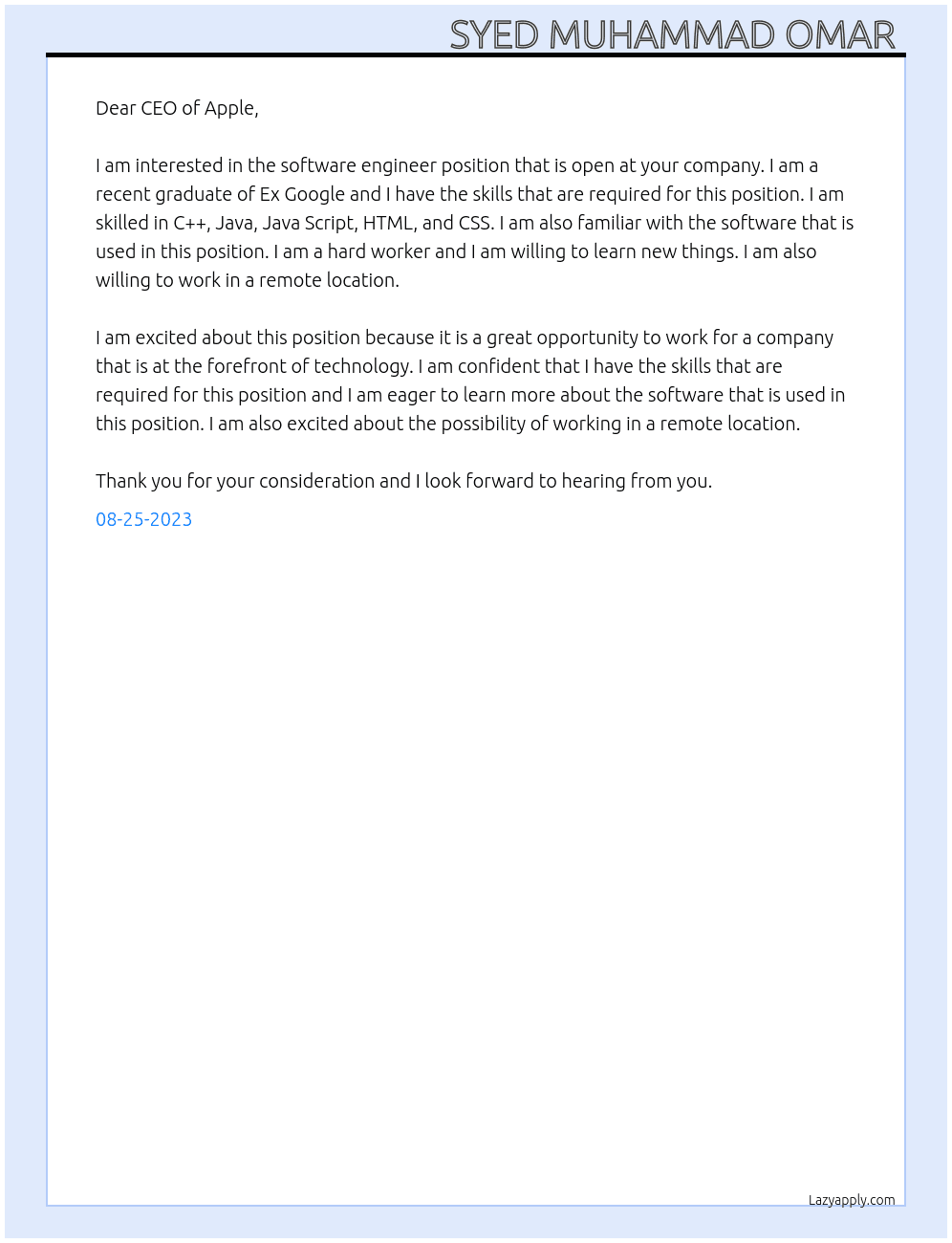 Software engineer  At Ex Google  Cover Letter
