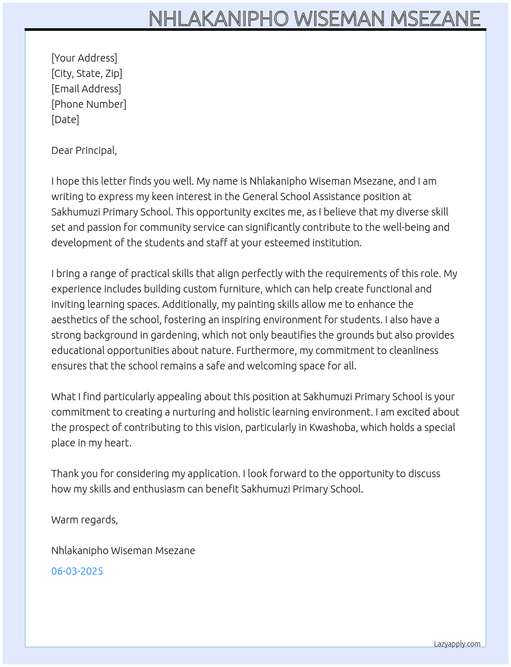 General School Assistance  At Sakhumuzi Primary School  Cover Letter