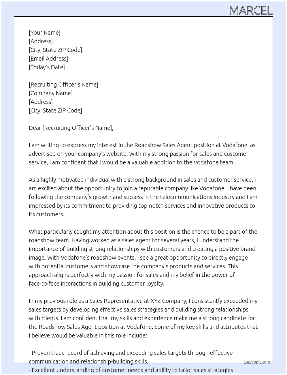 Roadshow sales agent At Vodafone Cover Letter