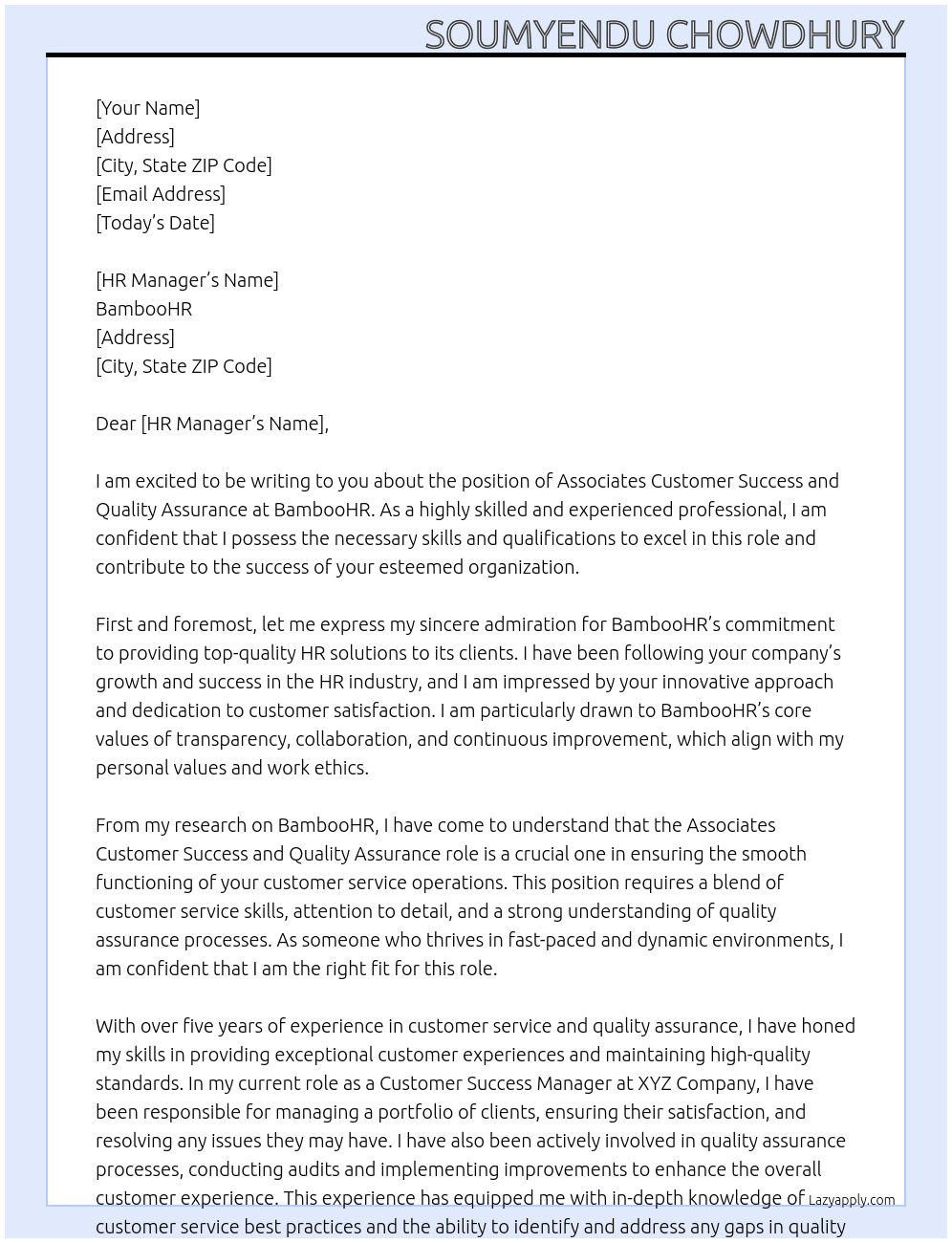 Associates customer success and quality assurance  At BambooHR Cover Letter