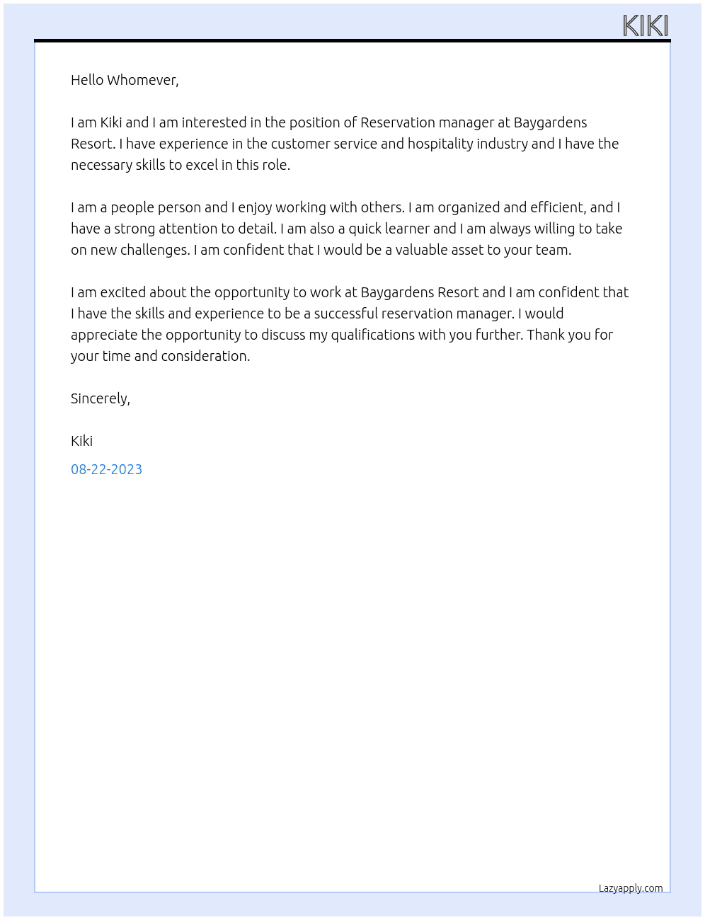 Reservation manager  At Baygardens Resort  Cover Letter