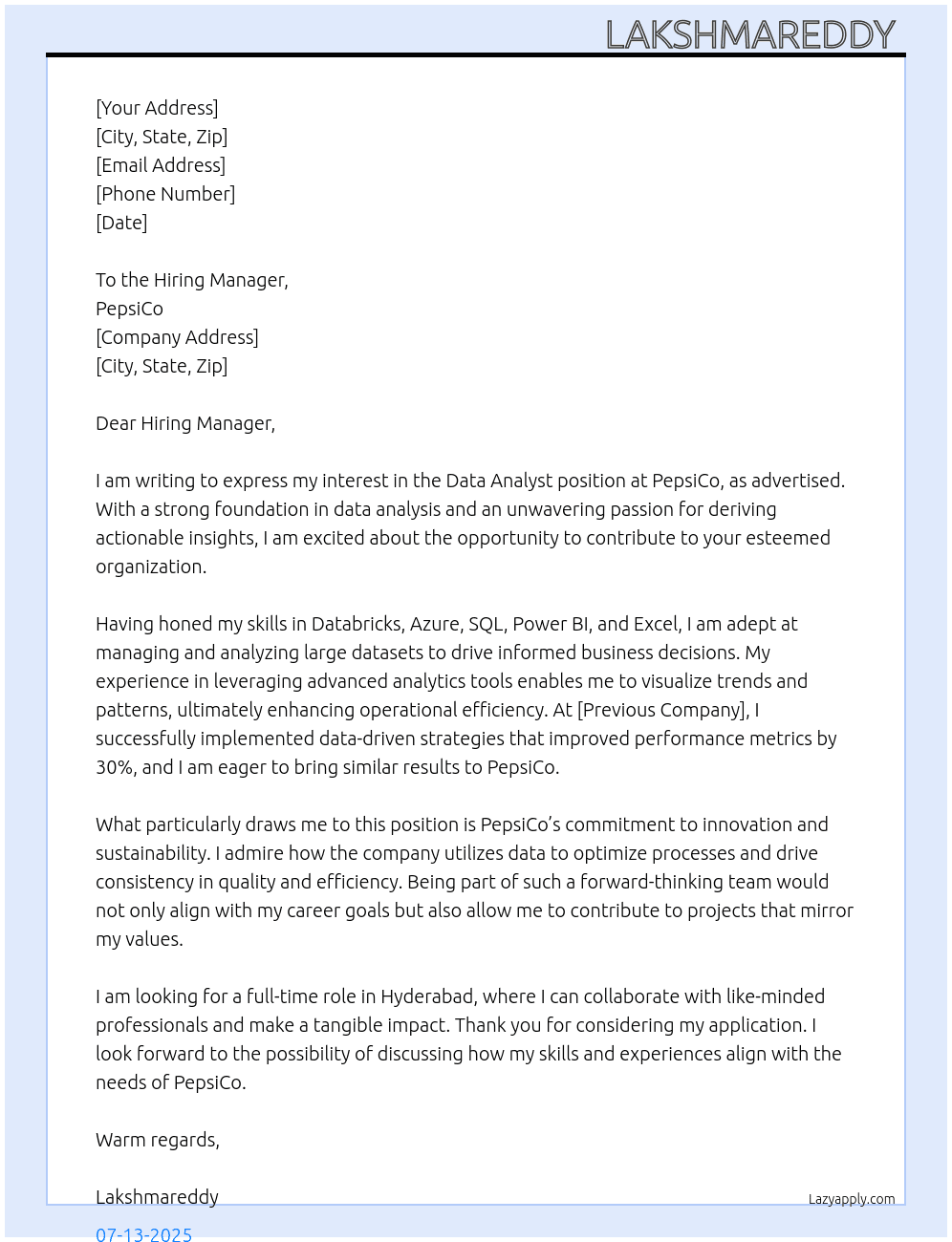 Data Analyst At PepsiCo Cover Letter