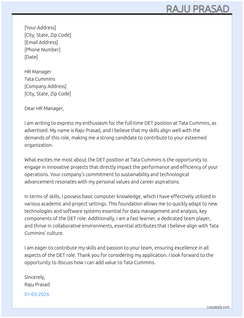 DET At Tata Cummins  Cover Letter